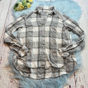 Bella Dahl Fringe Grey Plaid Button Down Top sz S